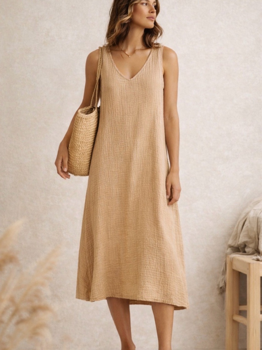 Gauze Textured Sleeveless V-neck 
Soft Surroundings-Tan Neutral Midi Dress.EUC
